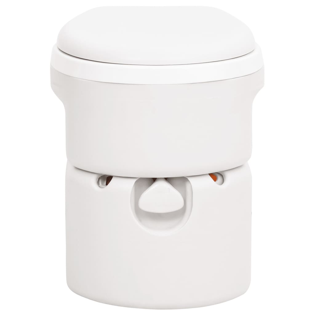 Detailweergave van het vidaXL campingtoilet in wit, met gesloten deksel en compacte vorm.