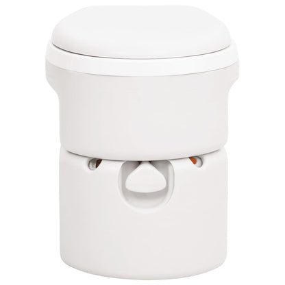 Detailweergave van het vidaXL campingtoilet in wit, met gesloten deksel en compacte vorm.