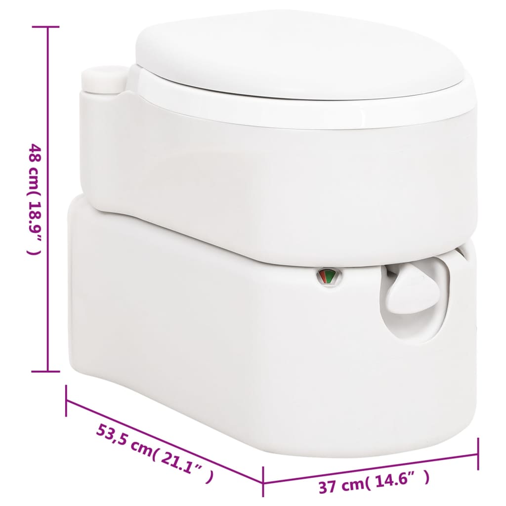 Detail van het vidaXL campingtoilet in wit, zijaanzicht met afmetingen.