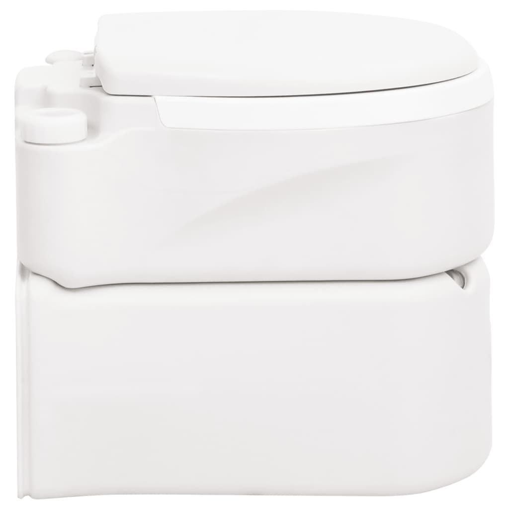Zijaanzicht van het vidaXL campingtoilet in wit, met compact ontwerp en gesloten deksel.