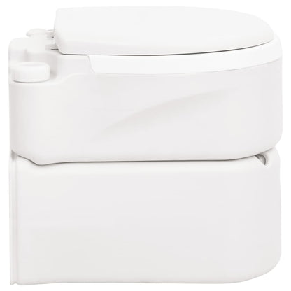 Zijaanzicht van het vidaXL campingtoilet in wit, met compact ontwerp en gesloten deksel.