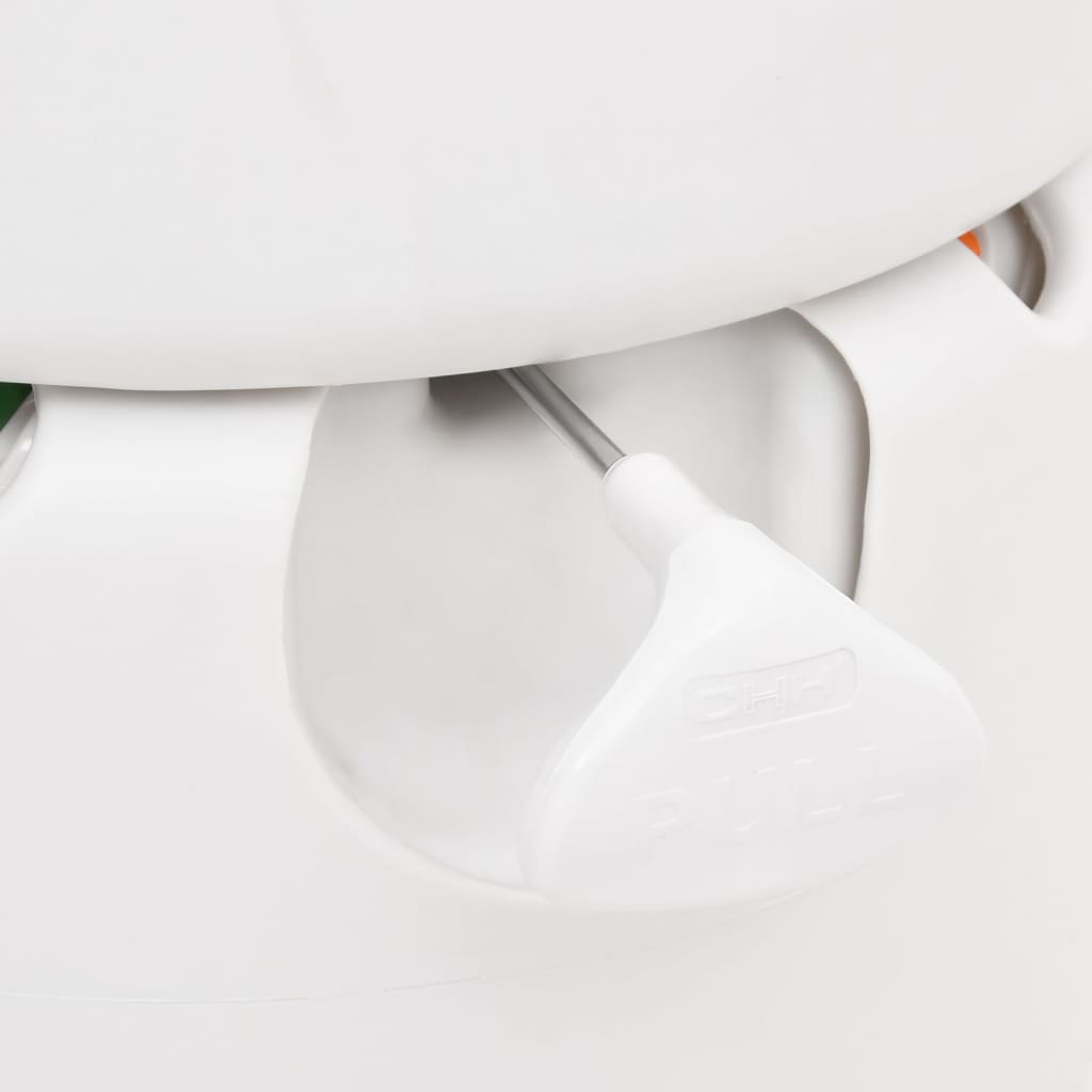 Detail van het handvat van het vidaXL campingtoilet met de tekst "PULL" voor het spoelen.