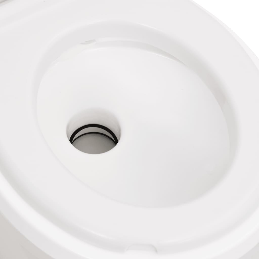 Detail van het witte vidaXL campingtoilet, met zicht op de toiletafvoer.