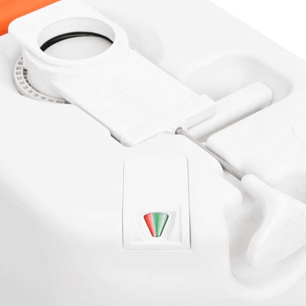 Detail van het vidaXL campingtoilet met indicator voor tankinhoud en zuigpomp.