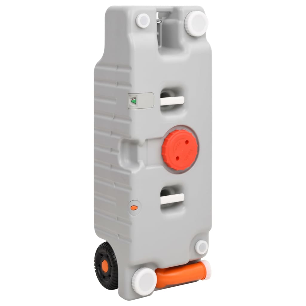 VidaXL 75 L watertank op wielen in grijs, zijaanzicht met niveau-indicator en wateruitlaten.
