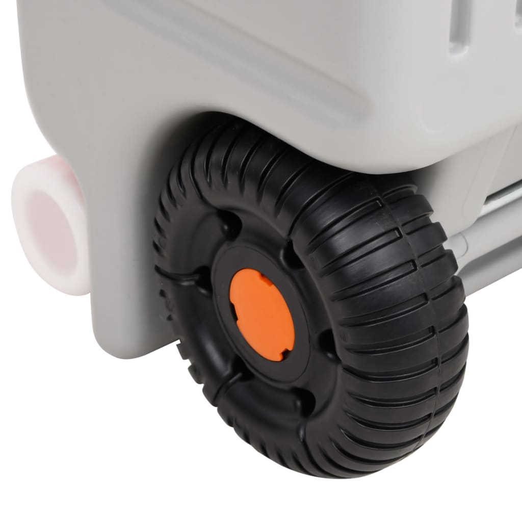 Detail van de grijze vidaXL watertank op wielen met zwart rubberen wiel.