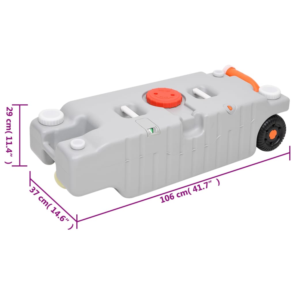 Detail van de vidaXL 75 L watertank op wielen, met niveau-indicator en wateruitlaten.