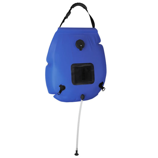 Lichtgewicht blauwe vidaXL campingdouchezak van 20 liter met afvoerslang en handvat.
