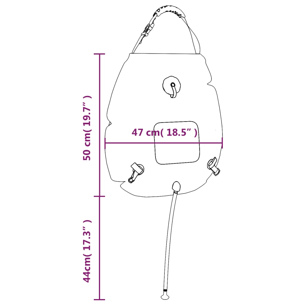 Detailweergave van de vidaXL campingdouchezak van 20 L met afmetingen en bevestigingspunten.