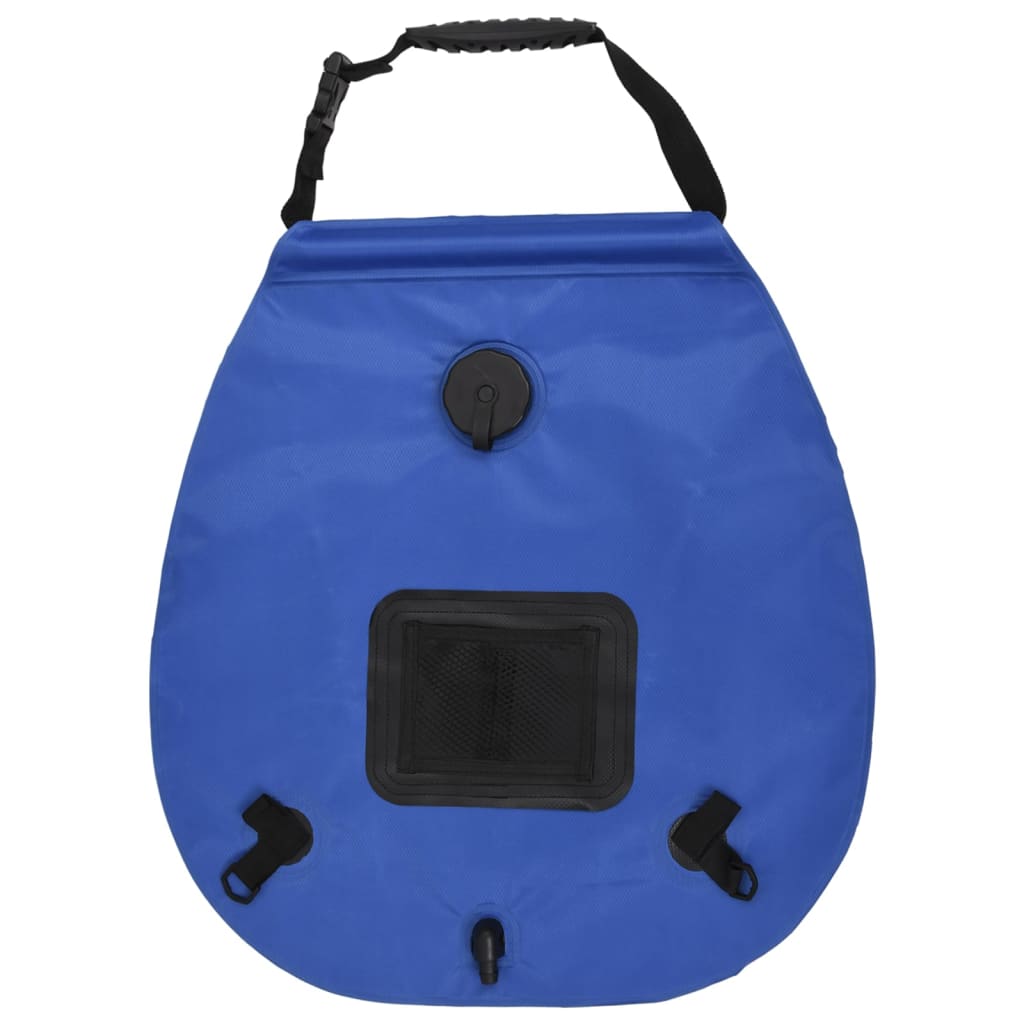 Detail van de vidaXL campingdouchezak in blauw, met vulopening en afvoerkraan.