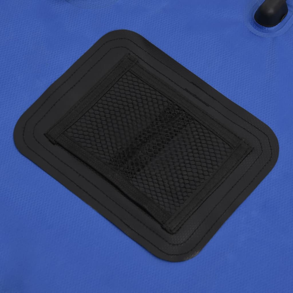 Detail van de vidaXL campingdouchezak met zwarte opbergnet en blauwe achtergrond.