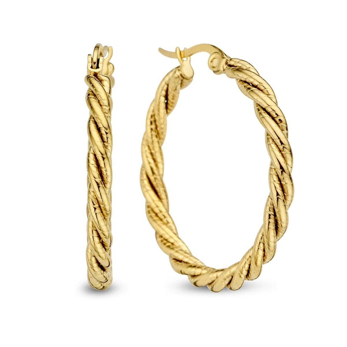 Gouden CO88 Collection oorbellen met elegant gedraaid ontwerp, zijaanzicht en vooraanzicht.