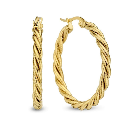 Gouden CO88 Collection oorbellen met elegant gedraaid ontwerp, zijaanzicht en vooraanzicht.