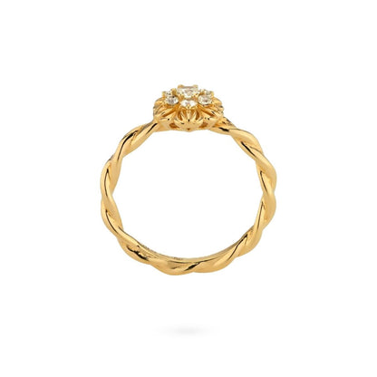 24KAE gouden ring voor dames met een stijlvol gedraaid ontwerp en een sprankelende steen.