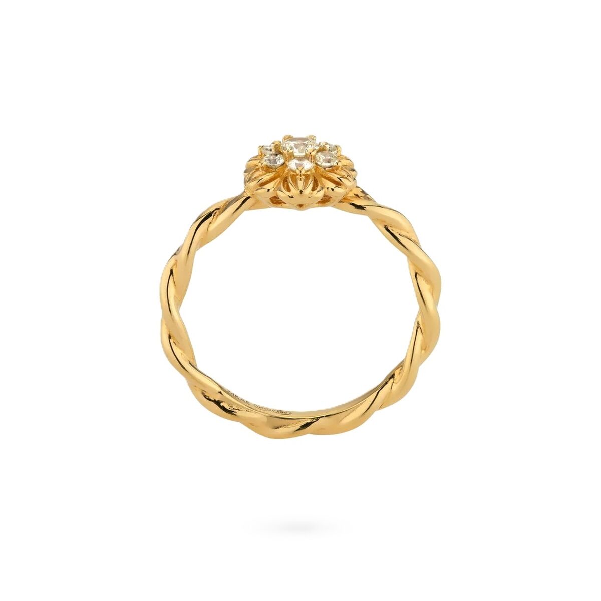Gouden 24KAE ring met elegant, gedraaid ontwerp en fonkelende details.