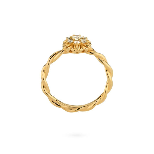Gouden 24KAE ring met elegant, gedraaid ontwerp en fonkelende details.