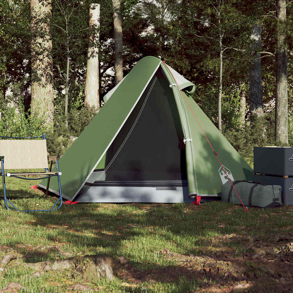 Detail van de vidaXL koepeltent in groen, met open ingang en campingstoelen op de achtergrond.