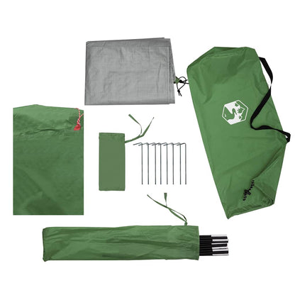 Detail van de groene vidaXL koepeltent met tentstokken en haringen.
