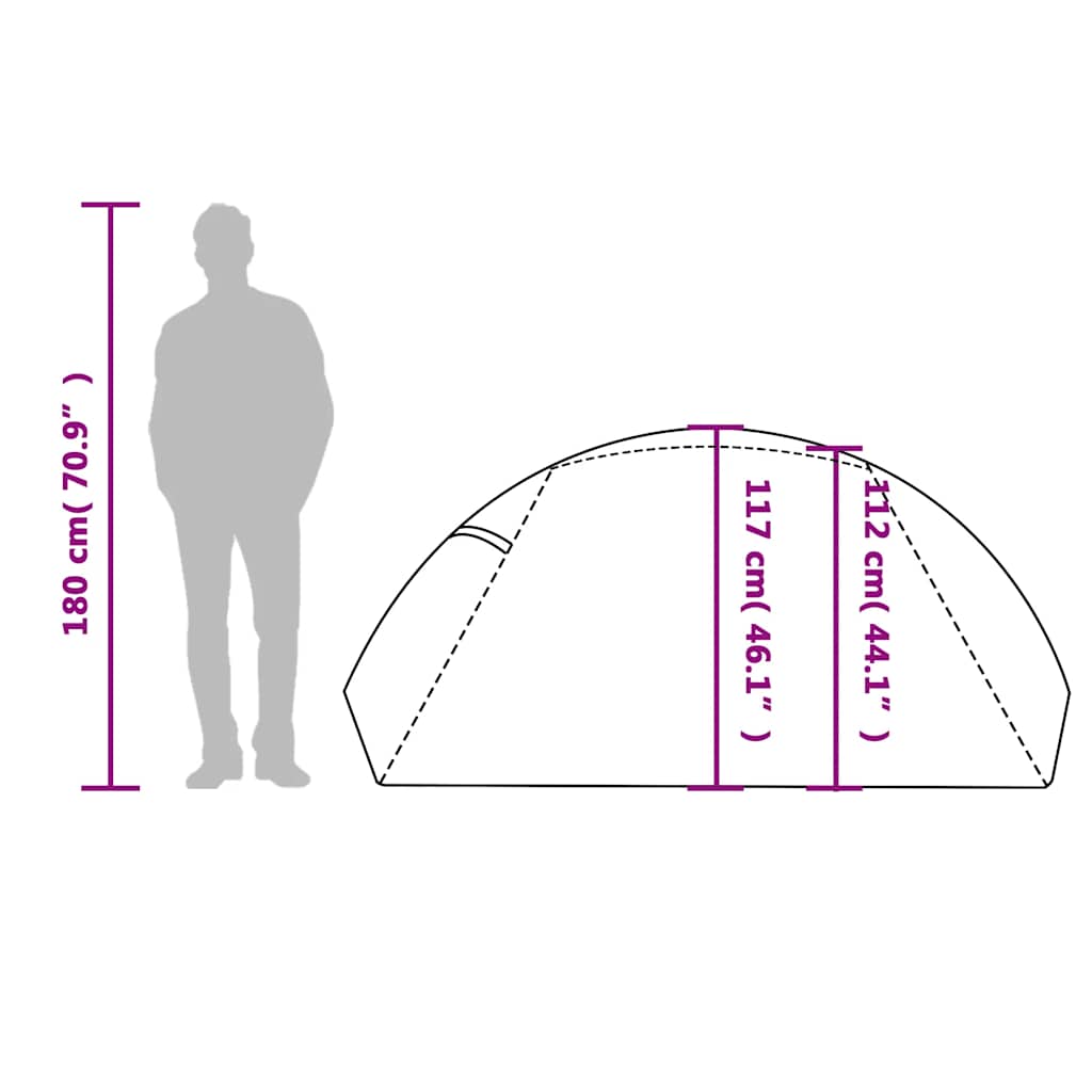 Zijaanzicht van de vidaXL koepeltent met afmetingen en silhouet van een persoon.