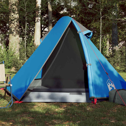 Blauwe vidaXL koepeltent voor twee personen, gedeeltelijk geopend in een bosrijke omgeving.