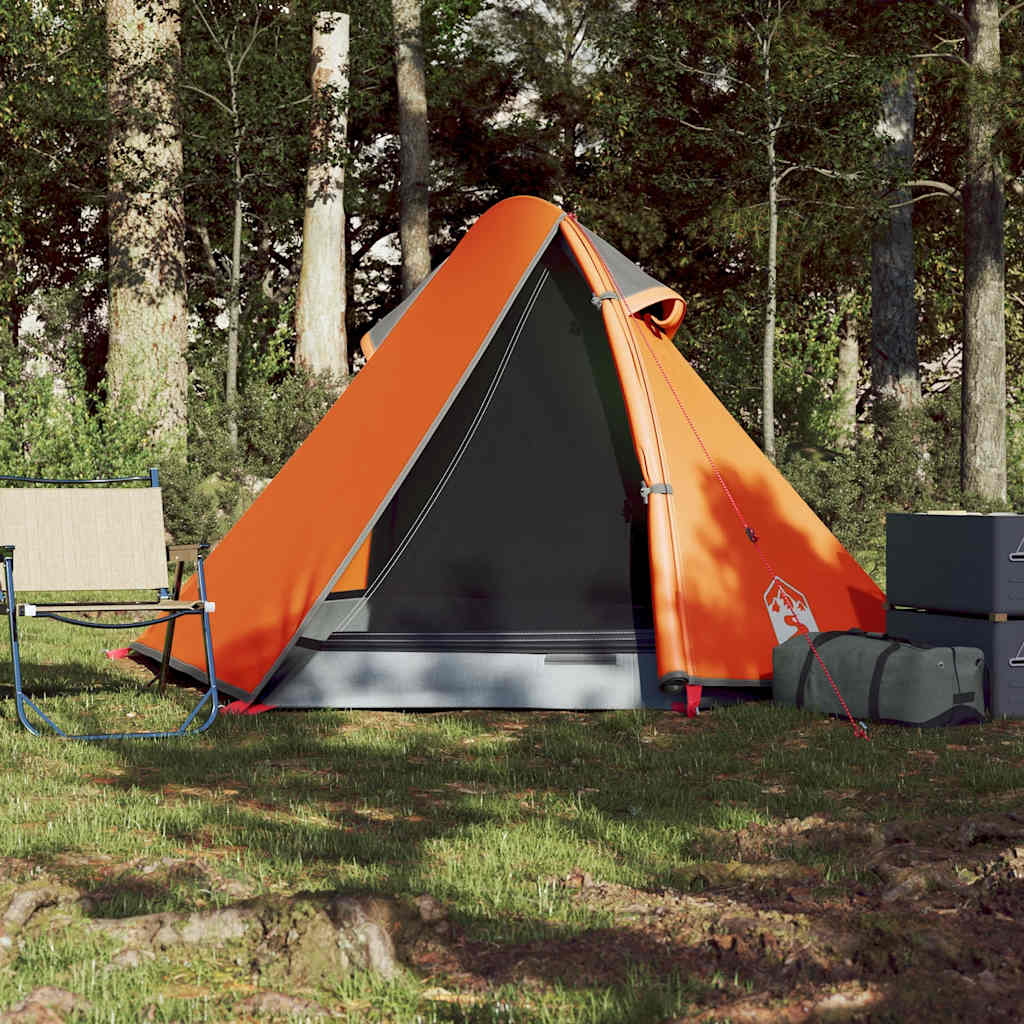 Detail van de vidaXL koepeltent in grijs en oranje, zijaanzicht met open ingang.