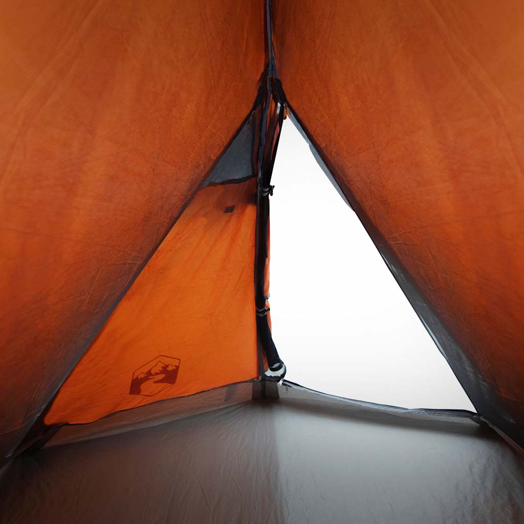 Detail van de grijze en oranje binnenkant van de vidaXL koepeltent met ventilatieopening.
