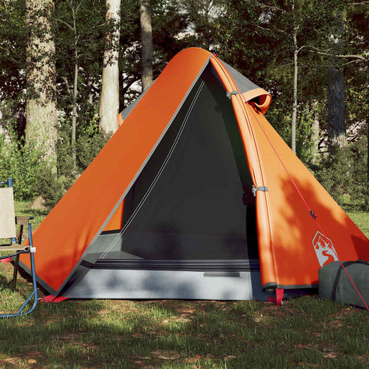 Koepeltent vidaXL voor twee personen in grijs en oranje, met open ingang.