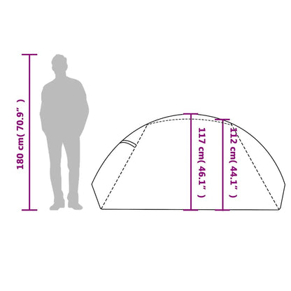 Zijaanzicht van de vidaXL koepeltent met afmetingen en silhouet van een persoon.