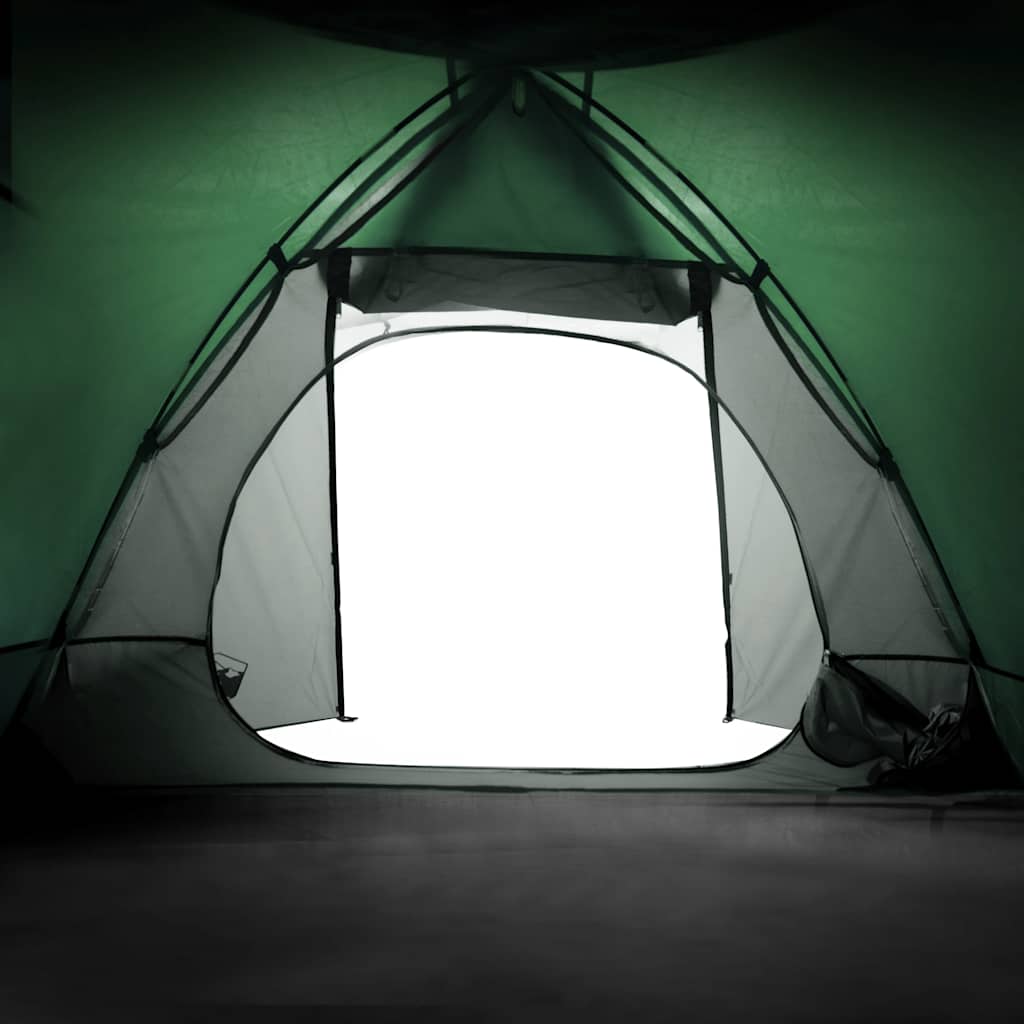 Zijaanzicht van de groene vidaXL koepeltent met open ingang en ventilatierooster.