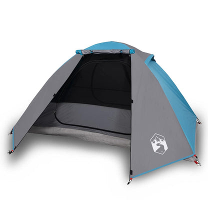 Zijaanzicht van de vidaXL koepeltent in blauw, met open ingang en ventilatierooster.
