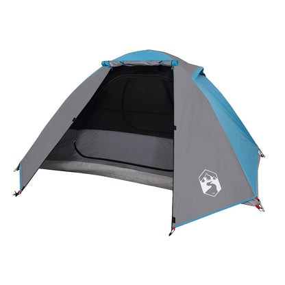 Zijaanzicht van de vidaXL koepeltent in blauw met open deur en ventilatierooster.