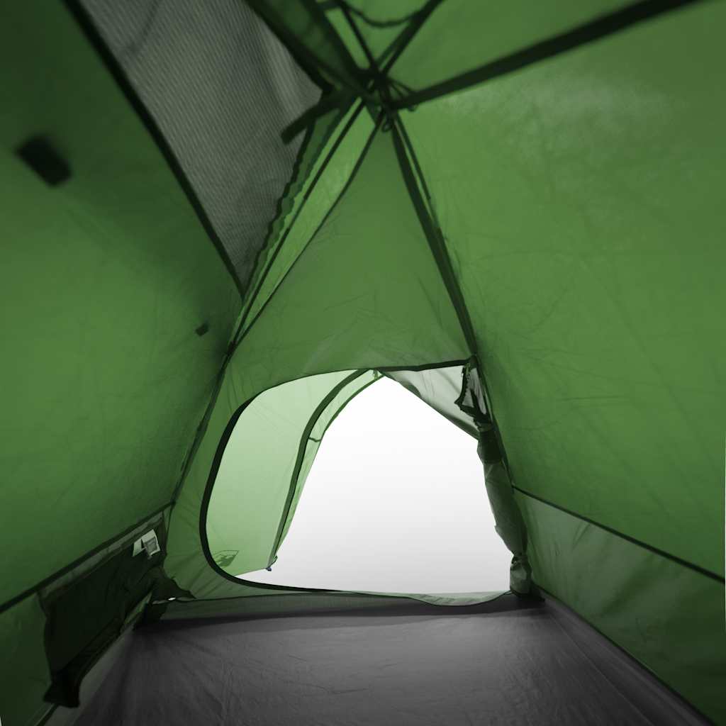 Detail van de groene vidaXL koepeltent met open ventilatierooster en binnentent.