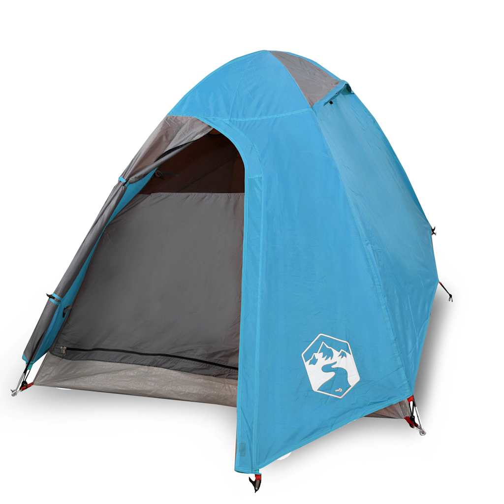 Detail van de vidaXL 2-persoons koepeltent in blauw, met open ingang en grijze binnenkant.