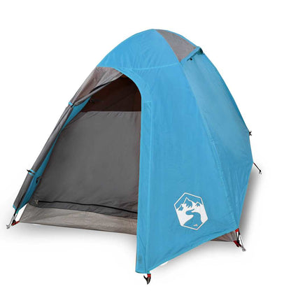 Detail van de vidaXL 2-persoons koepeltent in blauw, met open ingang en grijze binnenkant.