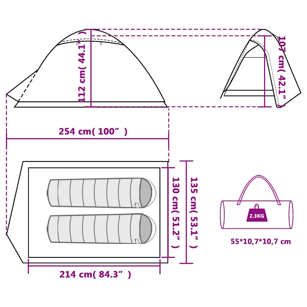 Detailweergave van de vidaXL koepeltent met afmetingen en indeling voor twee personen.