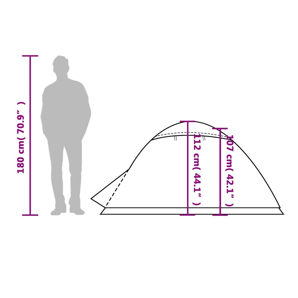 Zijaanzicht van de vidaXL koepeltent met afmetingen en silhouet van een persoon.