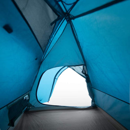 Zijaanzicht van de blauwe vidaXL koepeltent met open ingang en ventilatierooster.