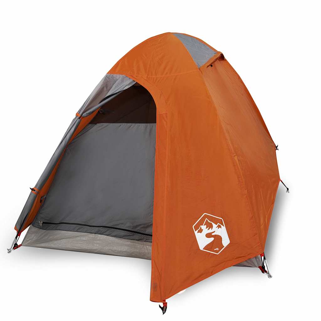 Zijaanzicht van de oranje vidaXL koepeltent met open ingang en grijze binnenkant.