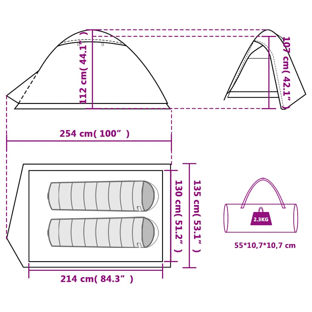 Detailtekening van de vidaXL koepeltent met afmetingen en indeling voor twee personen.