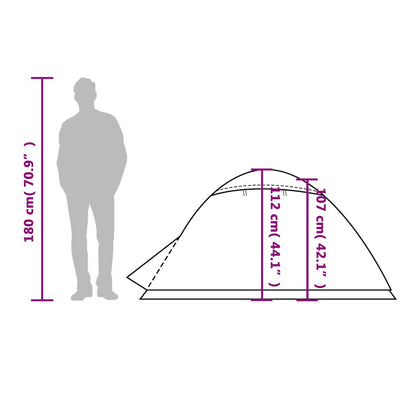 Zijaanzicht van de vidaXL koepeltent met afmetingen en hoogteindicatie voor 2 personen.