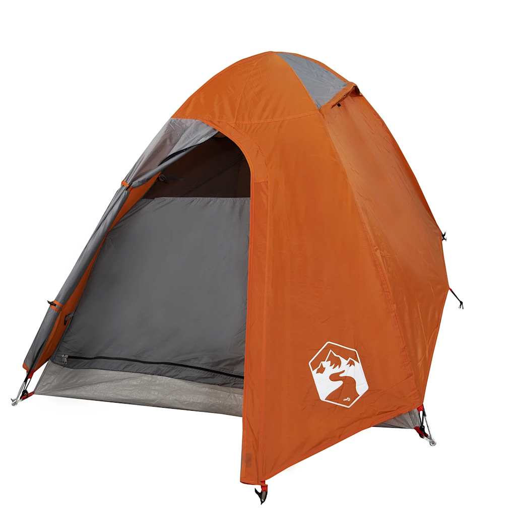 Detail van de oranje vidaXL koepeltent met open ingang en grijze binnenkant.