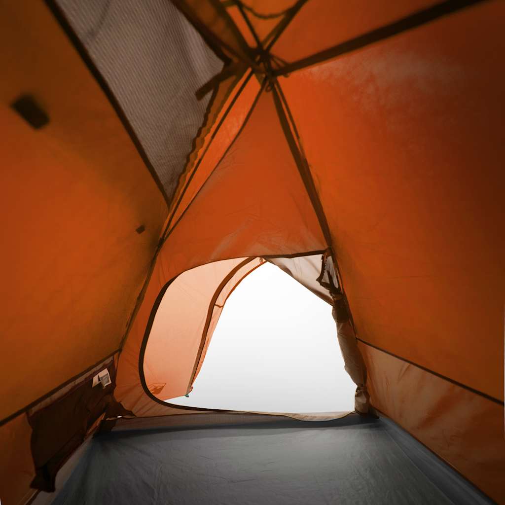 Zijaanzicht van de oranje vidaXL koepeltent met ventilatierooster en openingen.