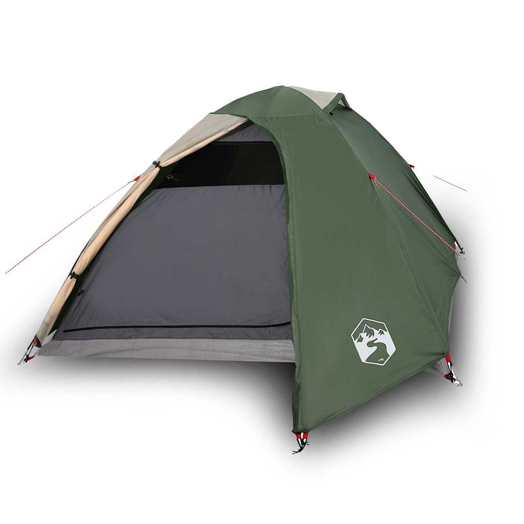 Zijaanzicht van de vidaXL koepeltent in groen, met open ingang en ventilatie.