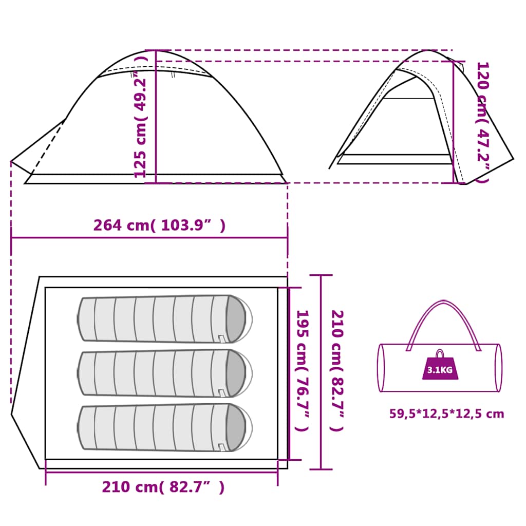 Detail van de afmetingen en specificaties van de vidaXL 3-persoons koepeltent.
