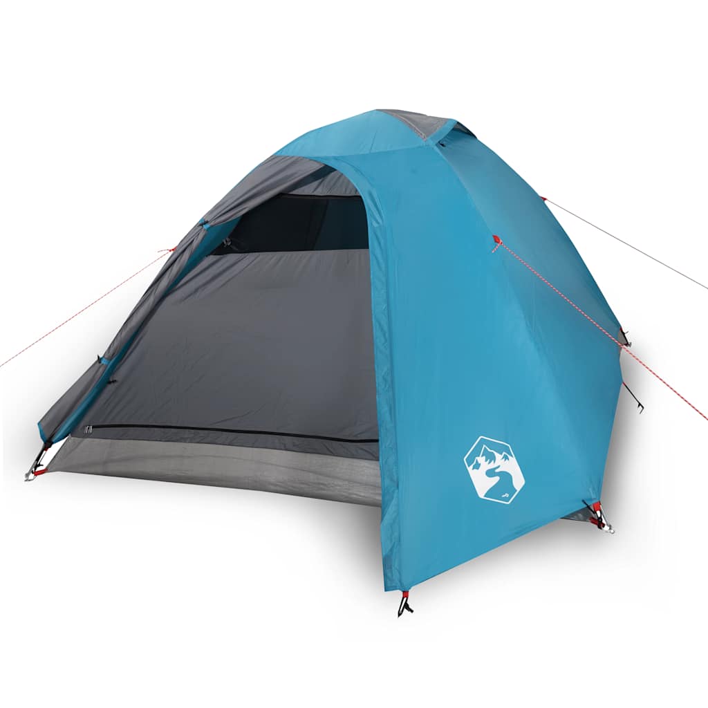 Zijaanzicht van de vidaXL koepeltent in blauw, met open ingang en ventilatie.