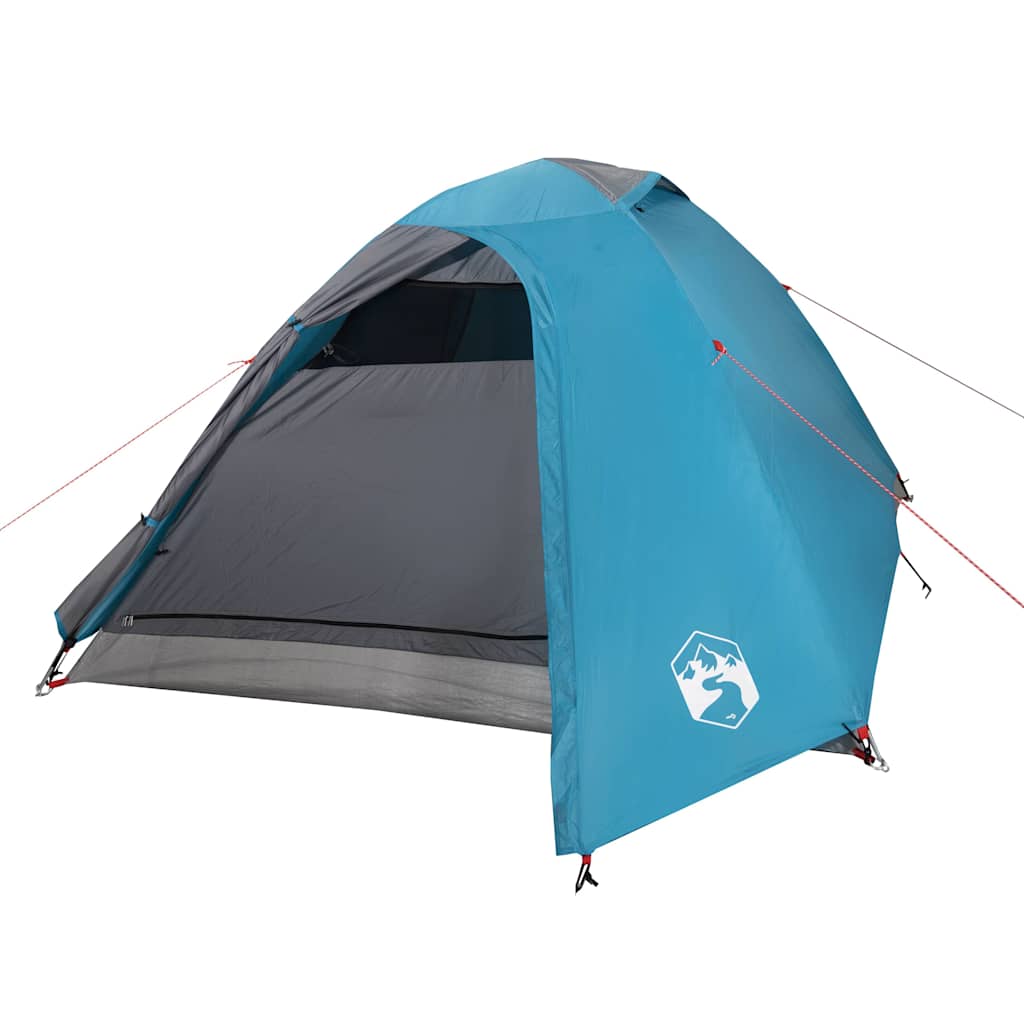 Detail van de vidaXL koepeltent in blauw, met open ingang en ventilatierooster.
