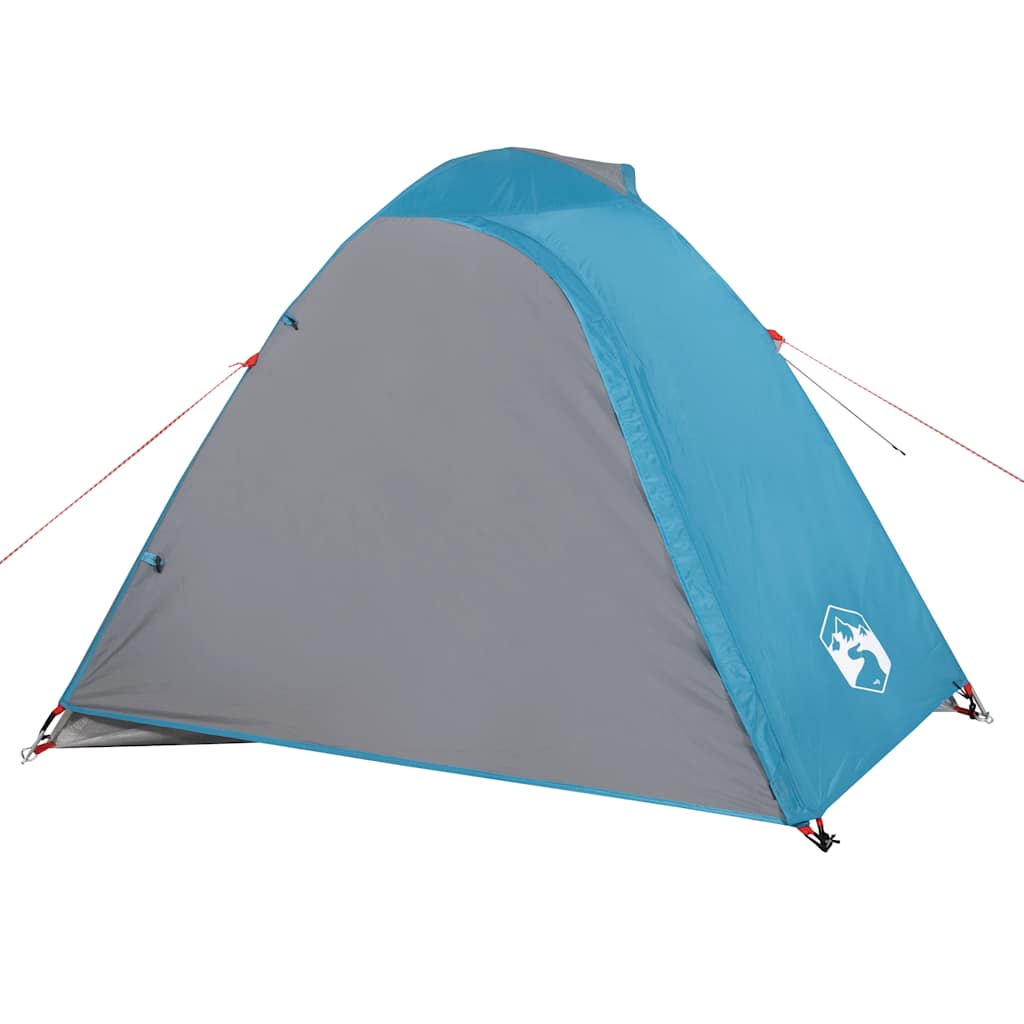 Detail van de vidaXL koepeltent in blauw en grijs, zijaanzicht met tentstokken.