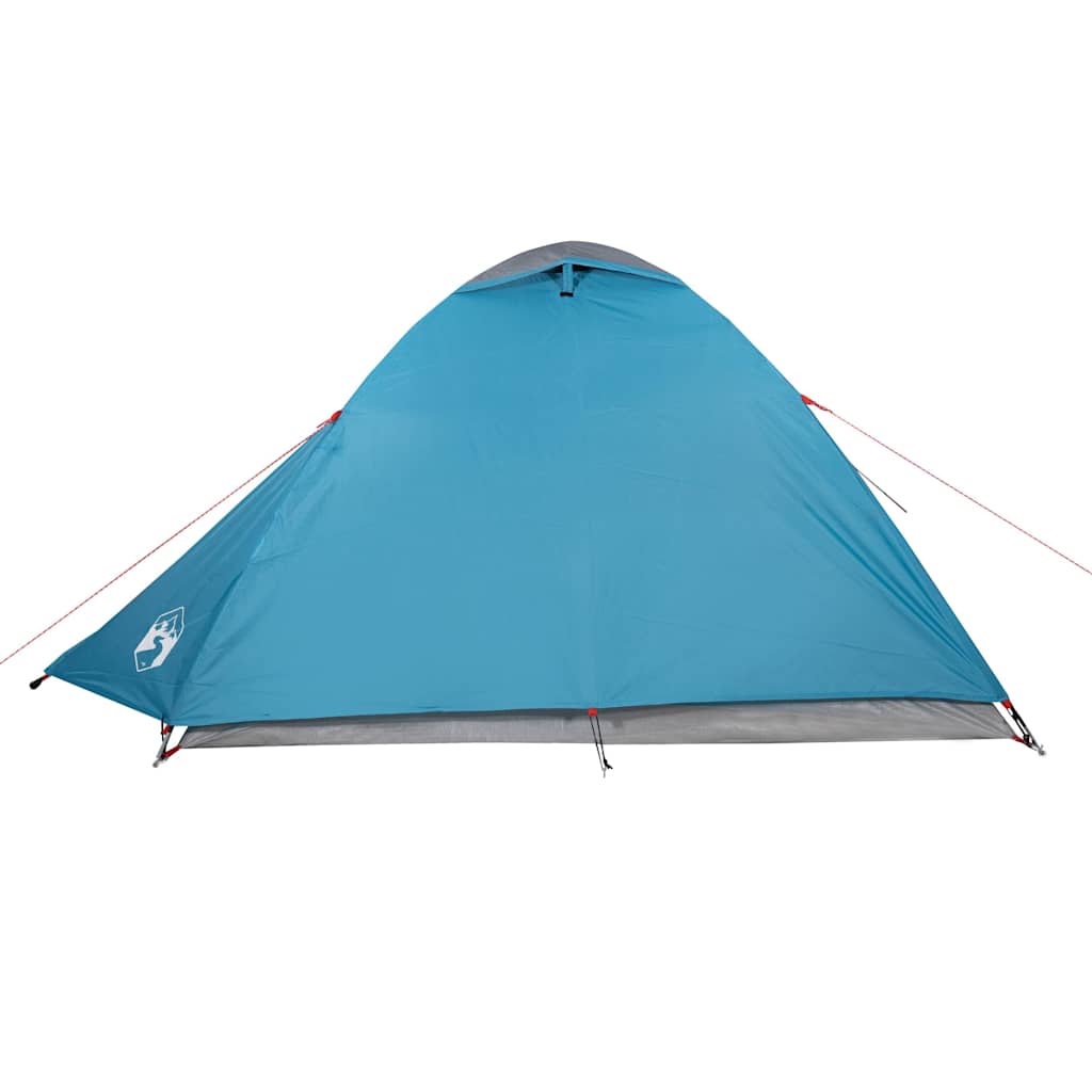 Zijaanzicht van de vidaXL koepeltent in blauw, met waterdichte stof en bevestigingslijnen.