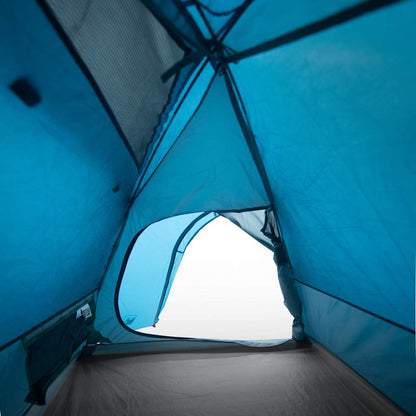 Zijaanzicht van de vidaXL koepeltent met open deur en blauw tentdoek.