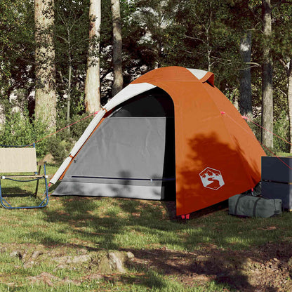 Zijaanzicht van de vidaXL koepeltent in oranje, met open ingang en gaaswanden.